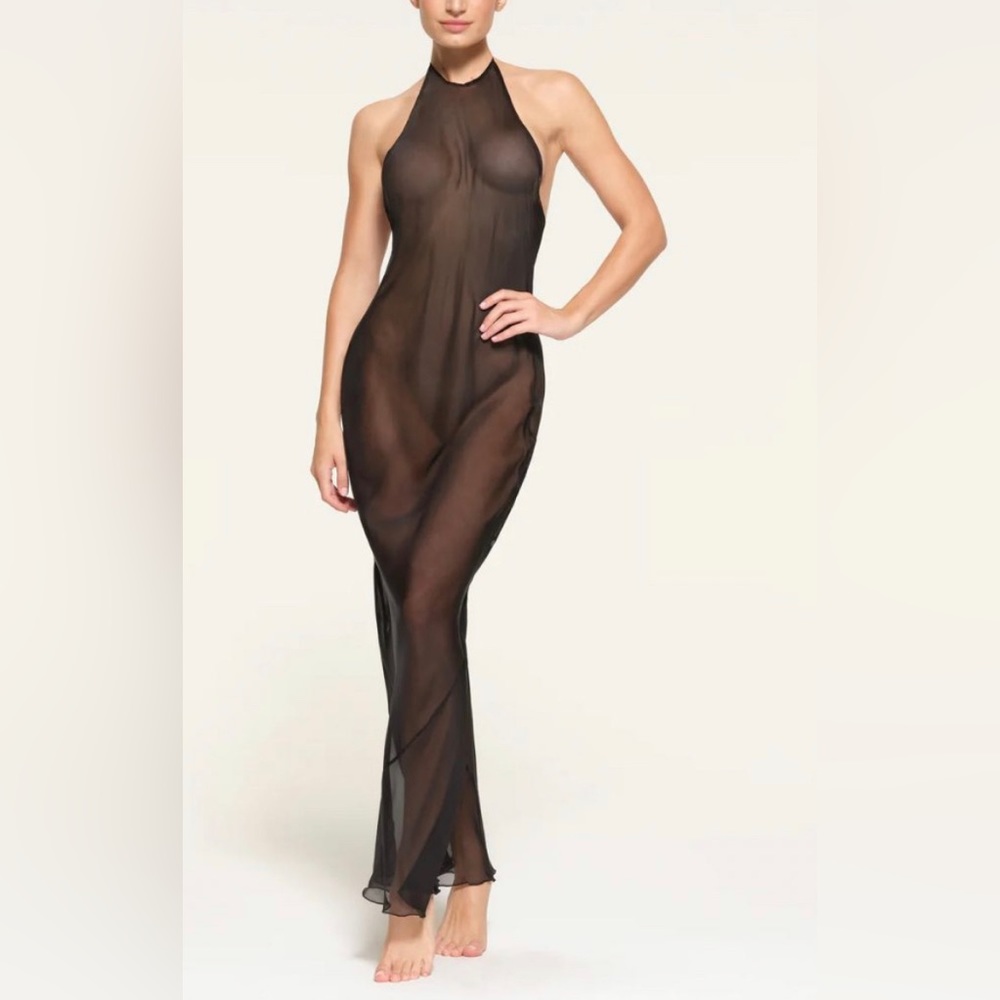 NWT Skims romance chiffon high neck slip dress. 100% silk in color Onyx